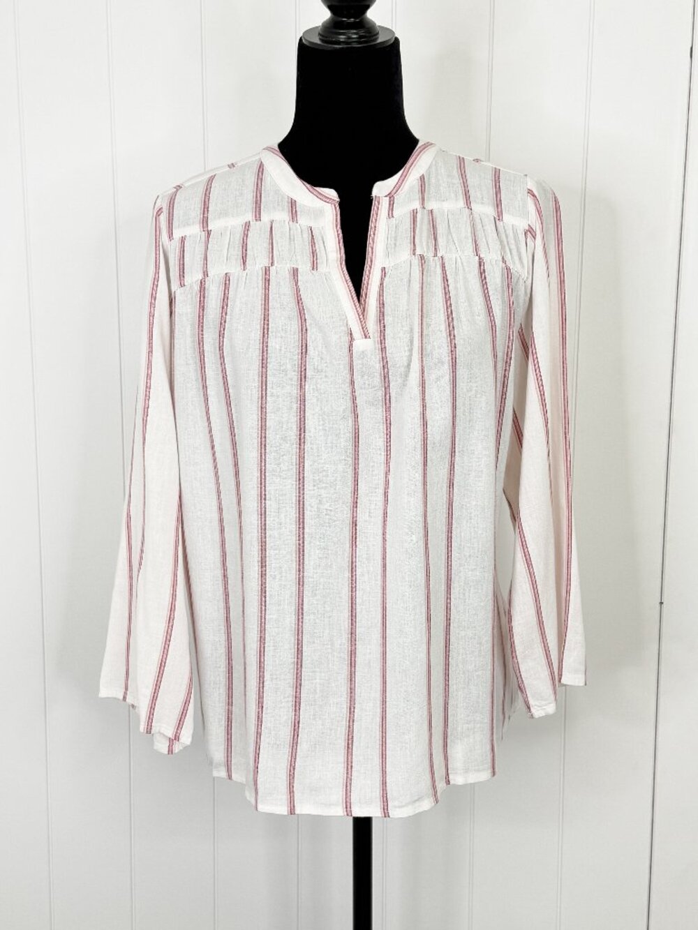 Linen White Pink Stripe Blouse Splendid Womens LG Vneck 3/4 Sleeve NWT Flowy